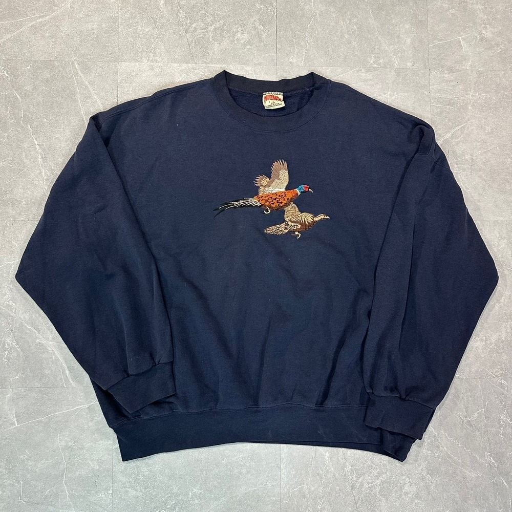 Vintage Nutmeg Mills Pheasant Embroidered Sweatshirt Mens XXL Navy Blue USA Made